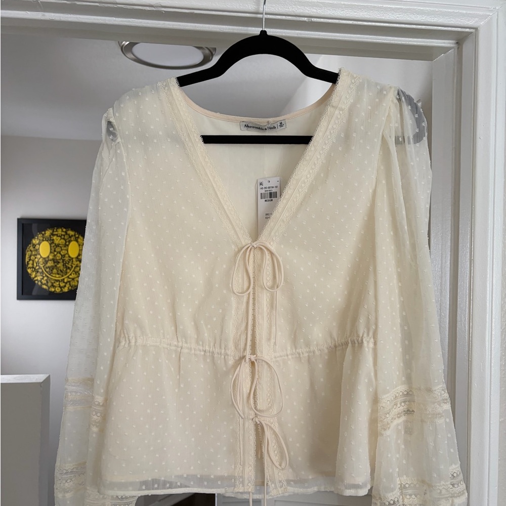 Abercrombie & Fitch Ivory Swiss Dot Tie-Front Blouse